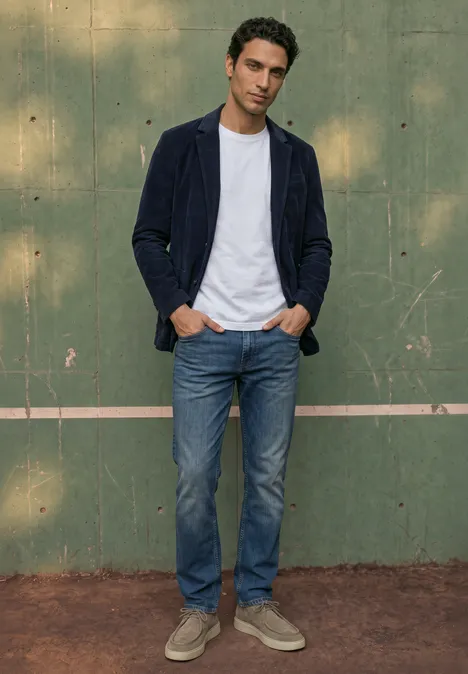 Un homme élégant en jeans, t-shirt blanc et veste décontractée devant un mur vert avec ligne blanche.