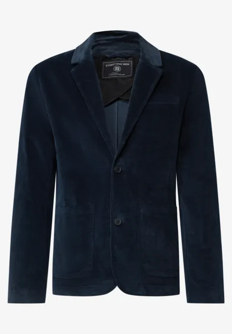 Veste blazer bleu marine en velours, col à revers et deux boutons.