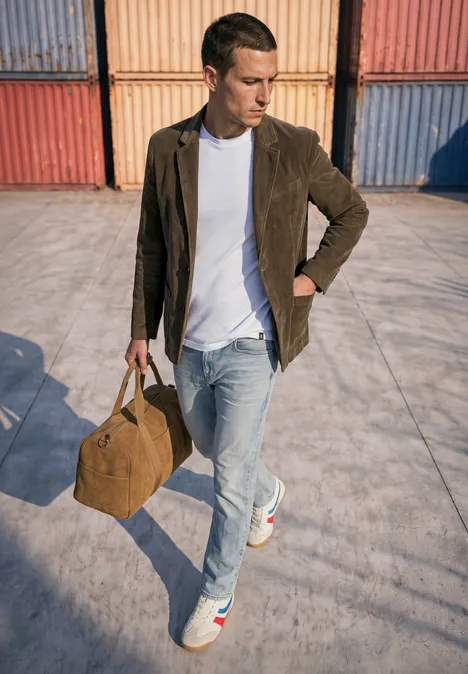 Homme élégant en veste, t-shirt blanc et jeans, sac de voyage à la main devant des containers colorés.
