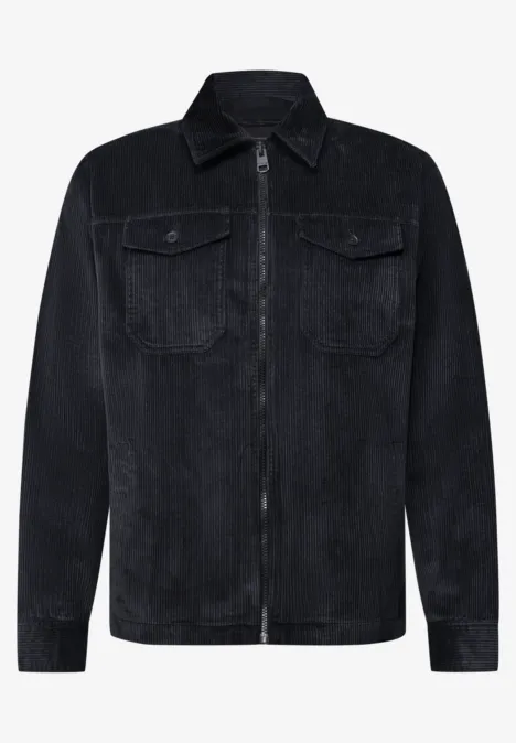 Schwarze Cord-Jeansjacke mit Reißverschluss, Hemdkragen und Brusttaschen im schlichten, klassischen Stil.