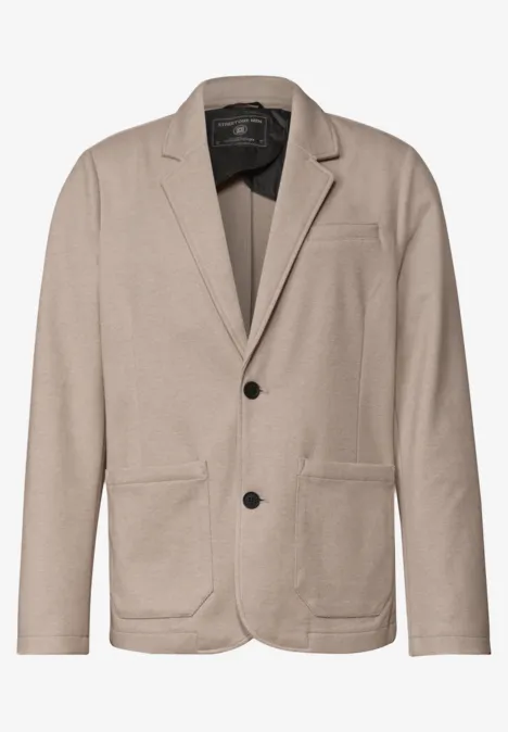 Beiger, legerer Blazer mit zwei Knöpfen und aufgesetzten Taschen, ideal für Smart-Casual-Looks.