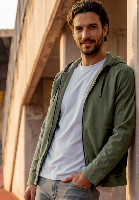 Een glimlachende man in een groene jas leunt ontspannen tegen een zonnige betonnen muur.