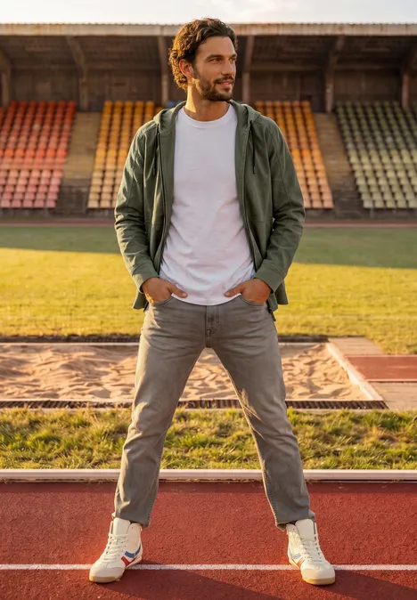 Een man in jas en t-shirt staat ontspannen op de atletiekbaan voor lege tribunes in een stadion.