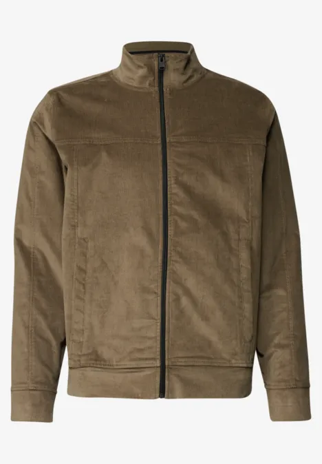 Veste en velours côtelé olive, col montant, fermeture éclair, manches longues, coupe droite.