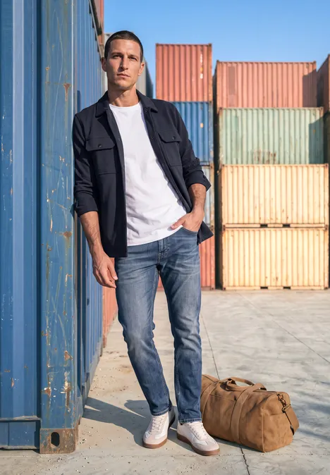 Un homme dans un port à conteneurs, adossé à un container coloré, porte jean, t-shirt blanc, veste sombre et sac.