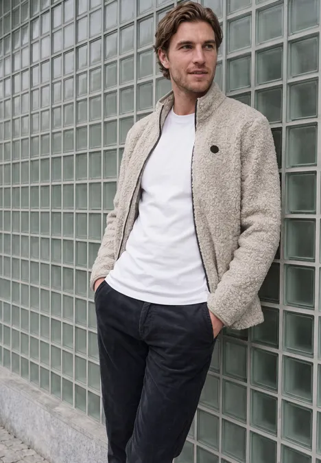 Ein Mann lehnt lässig an einer Glasziegelwand, trägt Strickjacke, weißes Shirt und dunkle Hose.