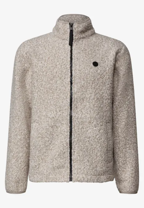 Beige Teddy-Fleece-Jacke mit Stehkragen, durchgehendem Reißverschluss und kleinem Rundlogo.