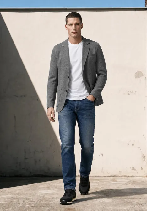 Een man in een grijs colbert, wit t-shirt en blauwe jeans loopt voor een zonnige muur.