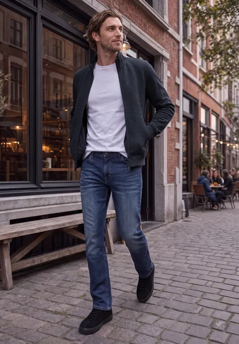 Ein Mann in Jeans und weißem T-Shirt spaziert in lockerer Jacke über eine Kopfsteinpflasterstraße mit Cafés.