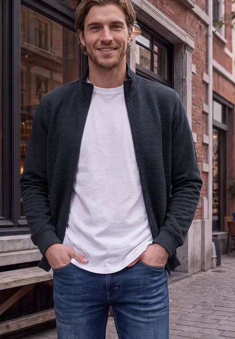 Ein lächelnder Mann in Jeans, weißem T-Shirt und schwarzer Jacke steht entspannt auf einer gepflasterten Straße.