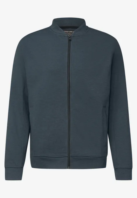 Dunkelgraue Bomberjacke mit Reißverschluss und Rippstrickbündchen am Saum, Kragen und Ärmeln.