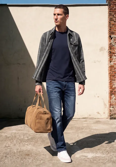 Un homme marche le long d'un mur en portant un sac.