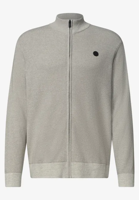 Strickjacke mit Stehkragen und Struktur bright beige melange Hellgrauer, schlichter Strickpullover mit durchgehendem Reißverschluss, Stehkragen und kleinem schwarzen Logo