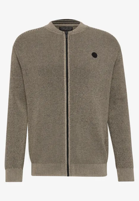 Taupefarbene Strickjacke mit durchgehendem Reißverschluss, Rundhalsausschnitt und dezentem Brustlogo