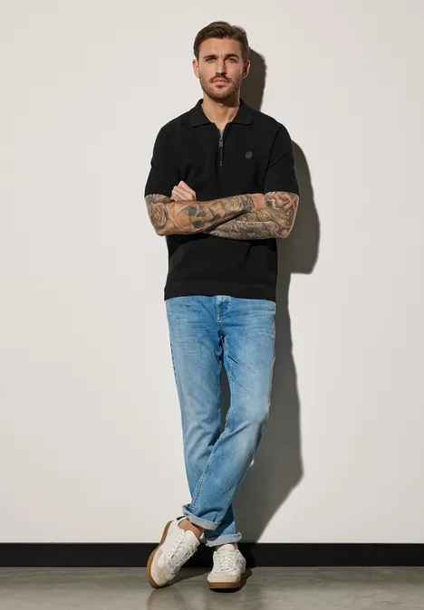 Zipped Struktur Poloshirt Black