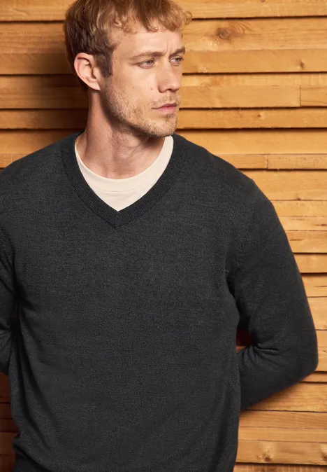 Basic V-Neck Strickpullover anthra grey melange