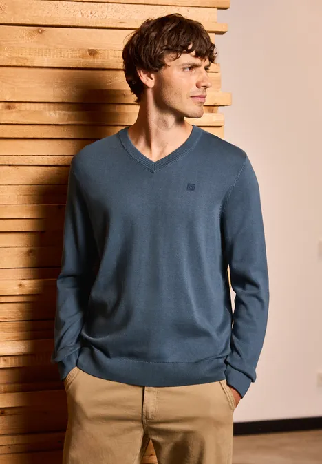 Basic V-Neck Strickpullover dusk blue