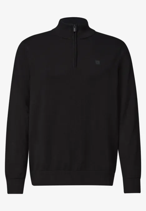 Basic Pullover mit Troyerkragen Black Schlichter schwarzer Pullover mit Stehkragen, halbem Reißverschluss und Rippbündchen.