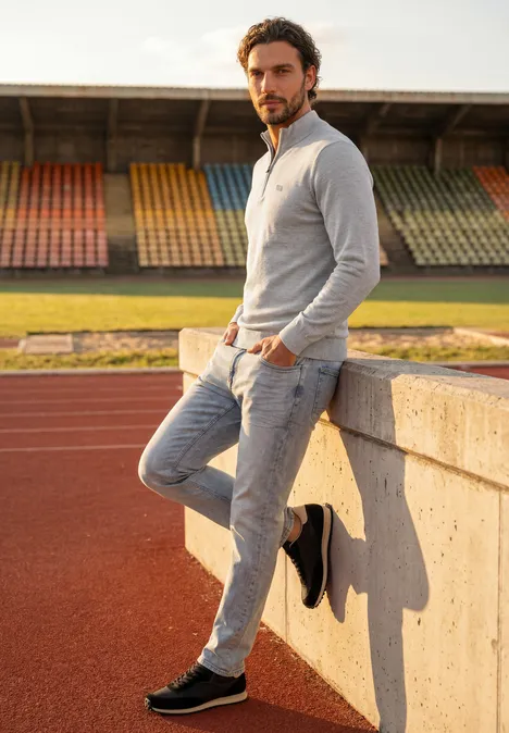 Een man in casual sportkleding leunt ontspannen tegen een stadionmuur naast de atletiekbaan.