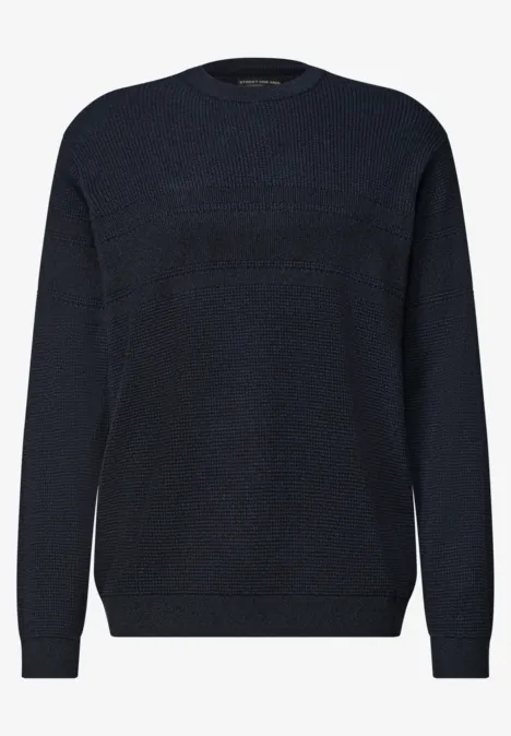 Pullover mit Rundhals und Struktur dark basic blue melange Dunkelblauer, schlichter Rundhalspullover mit langen Ärmeln und gerippten Bündchen.