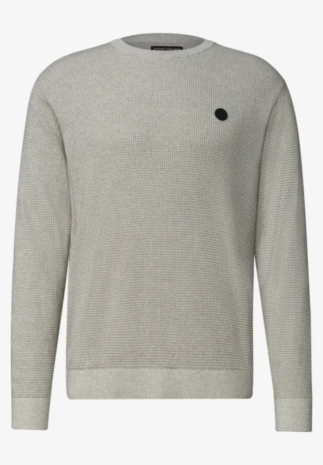 Pullover mit Rundhals und Schulterdetail bright beige melange Grauer Pullover mit rundem Halsausschnitt und kleinem, schwarzem Logo-Aufnäher.