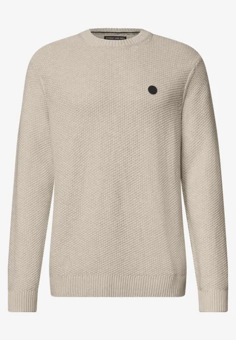 Sweter w stylu melanżowym z strukturą bright beige melange Beżowy sweter z okrągłym dekoltem i fakturowanym wzorem