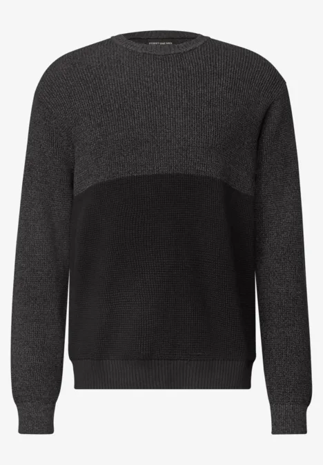 Sweter z okrągłym dekoltem i elementami w stylu mouliné anthra grey melange Dwukolorowy sweter z okrągłym dekoltem, ciemnoszary i czarny, długie rękawy i ściągacze.