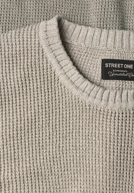 Sweter z okrągłym dekoltem i elementami w stylu mouliné bright beige melange Beżowy grubo dziergany sweter z okrągłym dekoltem i metką Street One