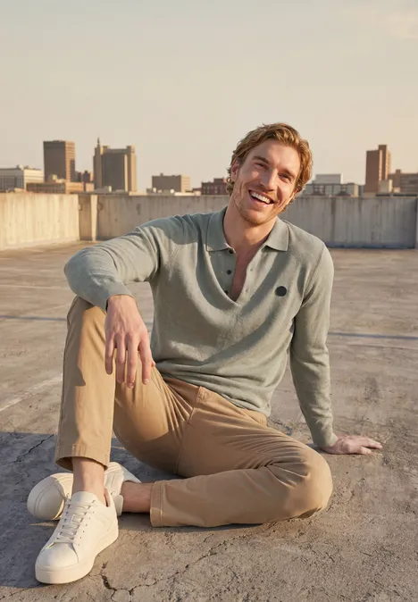 Ein junger Mann in Pullover, Chinos und Sneakers sitzt lächelnd auf einem Flachdach mit Stadtblick.