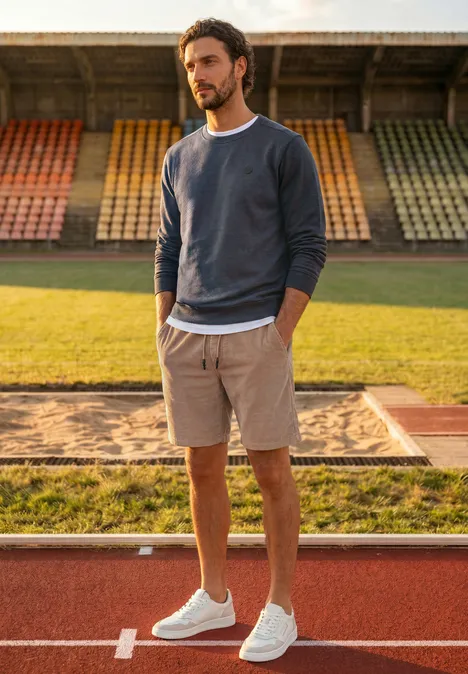 Ein Mann in grauem Sweatshirt, beigen Shorts und weißen Sneakern steht auf einer Laufbahn vor leeren Tribünen.
