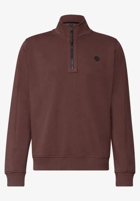 Bordeauxrotes Sweatshirt mit Stehkragen und kurzem Reißverschluss.