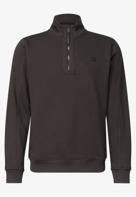 Dunkelbraunes Herren-Sweatshirt mit Stehkragen, halbem Reißverschluss und Rippbündchen.
