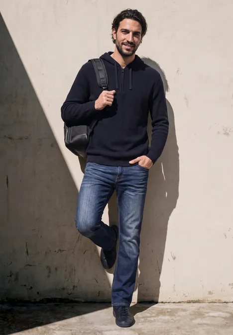 Ein bärtiger Mann in Jeans, Pullover und mit Rucksack läuft an einer hellen Wand entlang.