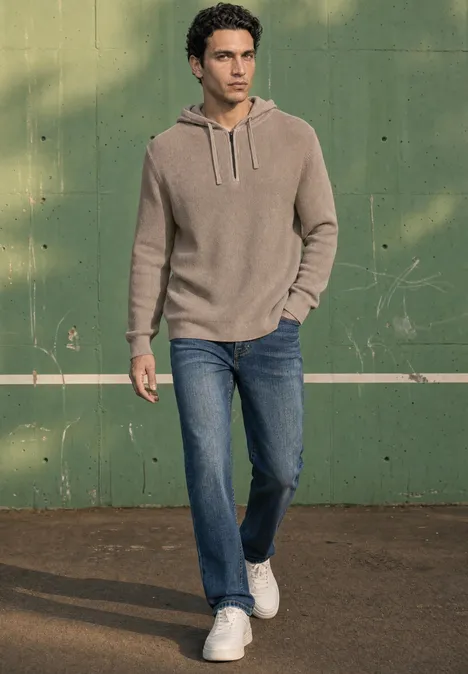 Pullover in Unifarbe mit Kapuze antique beige Ein Mann in beigem Hoodie, Jeans und weißen Sneakern läuft vor einer grünen Wand.
