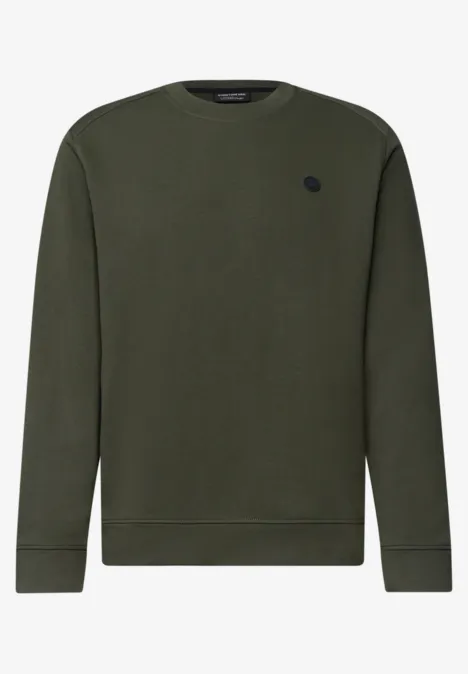 Schlichtes olivgrünes Sweatshirt mit Rundhalsausschnitt und kleinem Logo auf der Brust