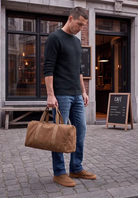 Ein Mann in schwarzem Pullover, Jeans und braunen Schuhen hält eine braune Reisetasche vor einem Café