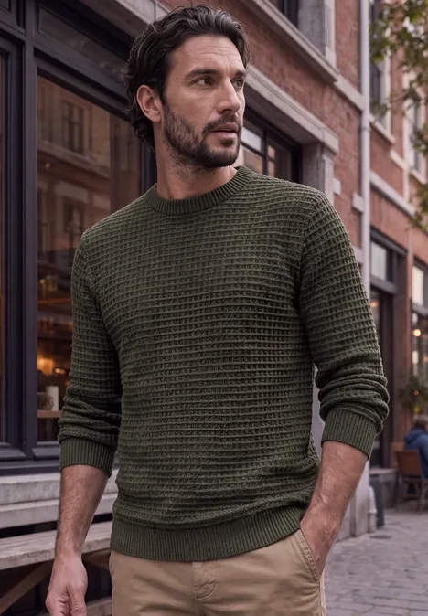 Ein Mann in olivgrünem Strickpullover steht mit Händen in den Taschen auf Kopfsteinpflasterstraße.