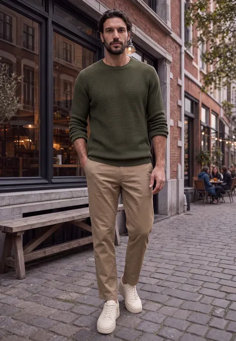 Ein Mann in grünem Pullover, beigen Hosen und weißen Sneakers steht auf Kopfsteinpflaster vor einem Café.