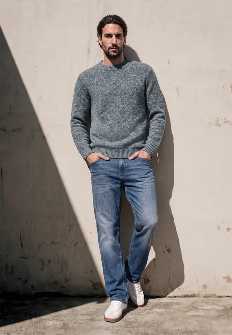 Mann steht lässig an der Wand im Sonnenlicht, trägt grauen Pullover, blaue Jeans und weiße Sneaker.