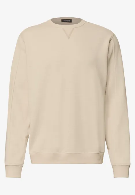 Schlichtes beige Sweatshirt mit Rundhalsausschnitt und gerippten Abschlüssen.