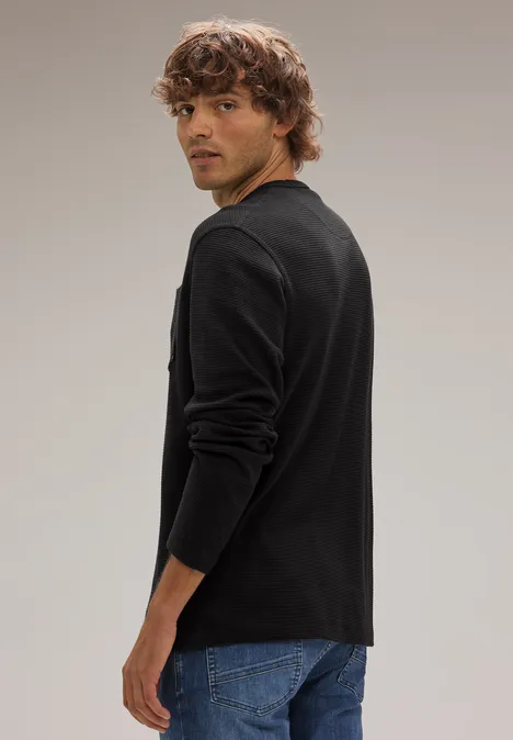 Waffelstruktur Langarmshirt Black