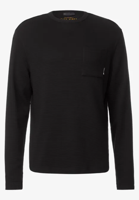 Waffelstruktur Langarmshirt Black