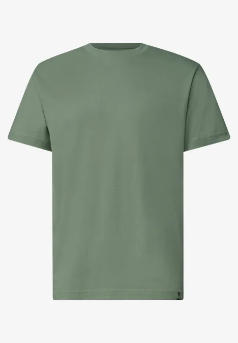 Ein schlichtes, olivgrünes T-Shirt mit kurzem Arm und Rundhalsausschnitt auf weißem Hintergrund.