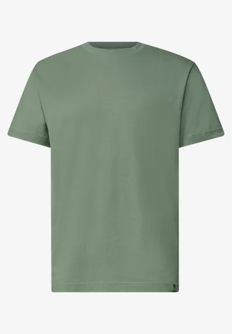 Ein schlichtes olivgrünes Kurzarm-T-Shirt ohne Aufdruck.