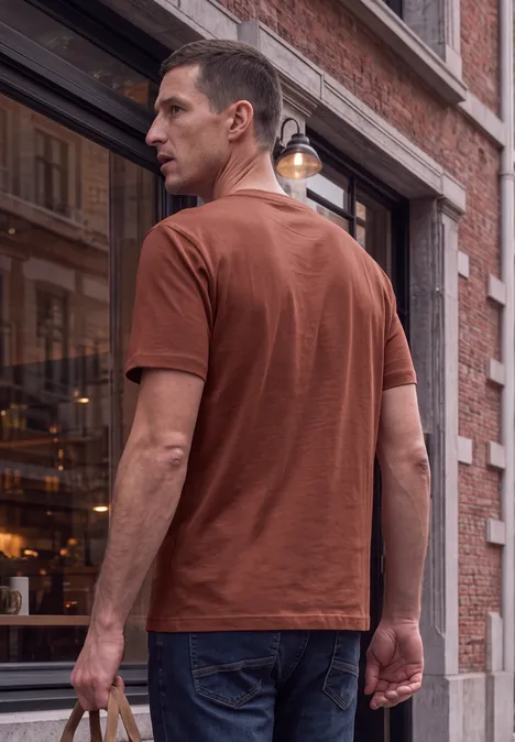 Ein Mann in braunem T-Shirt und Jeans steht vor einem Ziegelgebäude und schaut zurück.
