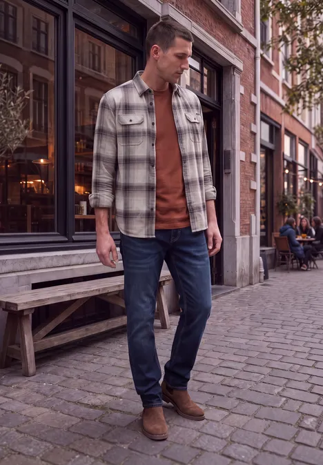 Ein Mann in kariertem Hemd, braunem Pullover und Jeans steht auf Kopfsteinpflaster vor einem Café.