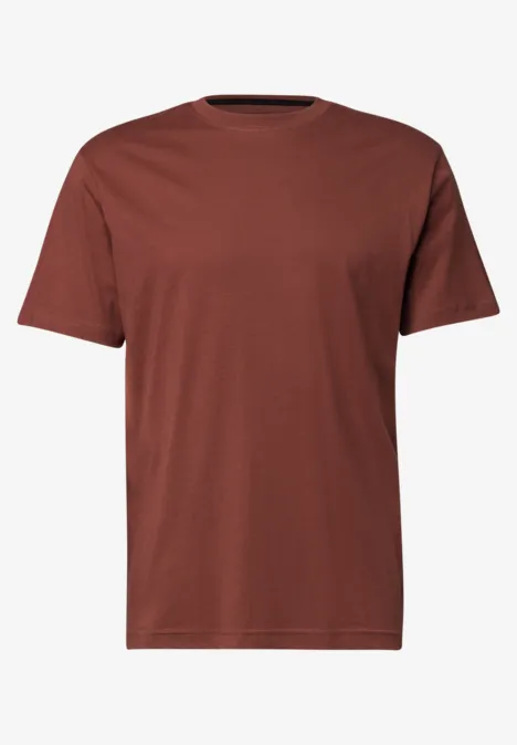 Ein schlichtes, unifarbenes braunes T-Shirt mit kurzen Ärmeln.