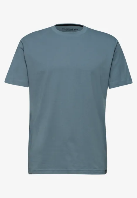 Schlichtes, blau-grau meliertes T-Shirt ohne Muster.