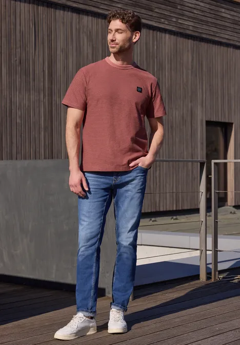 Koszulka z okrągłym dekoltem i drobnymi paskami sunrise red