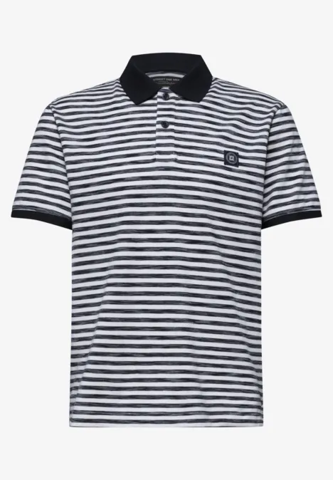 Kurzärmeliges Poloshirt mit dunkelblauen und weißen Streifen und schwarzem Kragen.